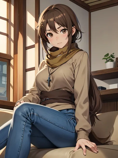 bell, Japanese cartoons, brown hair, medium breasts, brown eyes, faint smile, jeans, scarf, gray sweatshirt, blue pants, sitting, cross legs, Smart home interior, sitting on the couch, Shino Asada&#39;s face, Japanese cartoons Sword Art Online, best qualit...