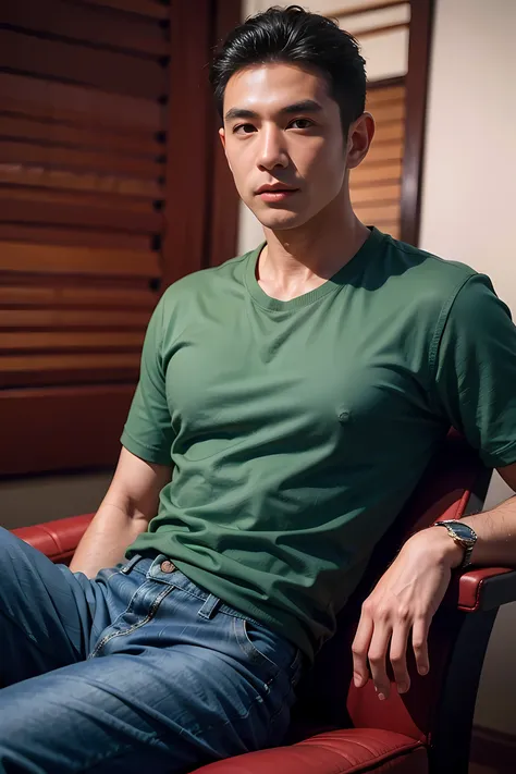 realistic photography, handsome taiwanese man , green shirt