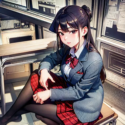 komiShouko, masterpiece, best quality, absurdres, 1girl, looking at viewer, v arms, pantyhose, classroom, school uniform, red skirt, red bow, blazer, window, sitting, chair, crowd,crossing legs,medium thighs.