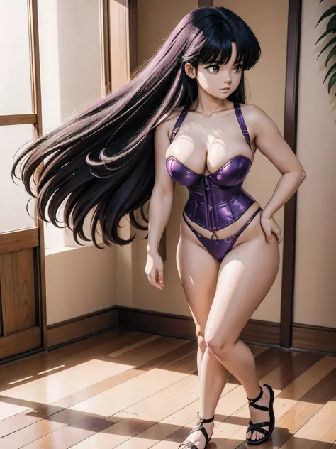 Dark-haired anime girl in purple swimsuit and corset, 16 anos, corpo bonito, seios grandes, com as hands on chest, hands on chest, Garota sexy, purple cabelo, mechas de cabelo laterais, mechas de cabelo na lateral do rosto, beautiful lighting, sombras suav...