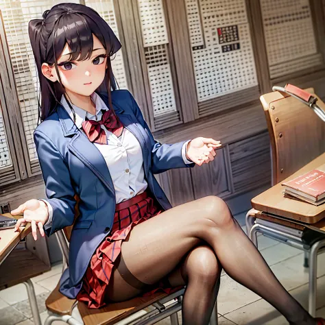 komiShouko, masterpiece, best quality, absurdres, 1girl, looking at viewer, v arms, pantyhose, classroom, school uniform, red skirt, red bow, blazer, window, sitting, chair, crowd,crossing legs,medium thighs 