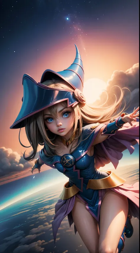 dark magician gils levitando. ella esta volando por los cielos. tiene cabello rubio y largo. ojos azules. labios rojos. ella vue...