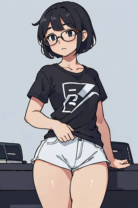 (top-quality:0.8)、(top-quality:0.8)、perfect anime illustration、a girl, 13yo, black short cut, ((thick thighs, small breasts)), T-shirt, glasses,