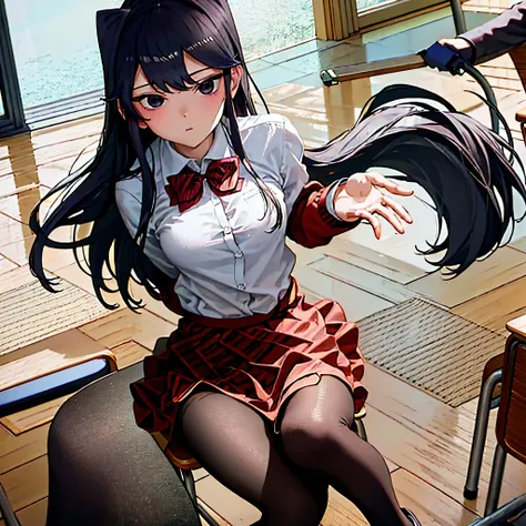 komiShouko, masterpiece, best quality, absurdres, 1girl, looking at viewer, v arms, pantyhose, classroom, school uniform, red skirt, red bow, blazer, window, sitting, chair, crowd,crossing legs,medium thighs.