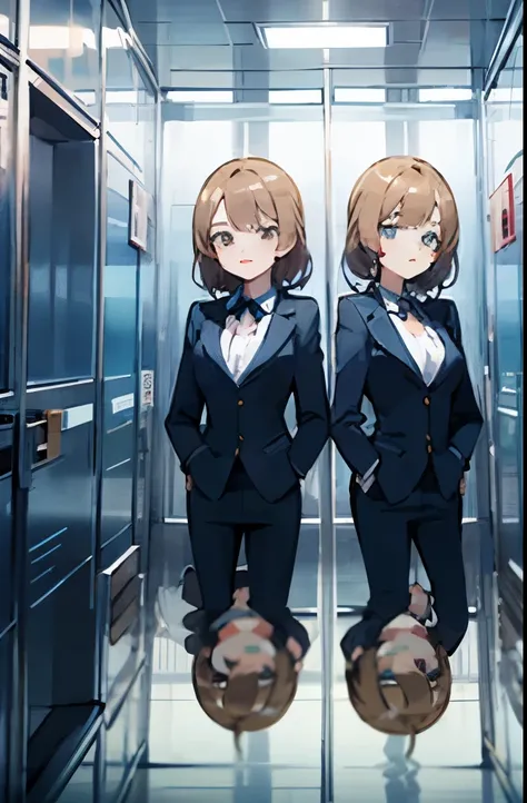 2girls, identical twins, business suits, mirrored elevator, infinite reflections