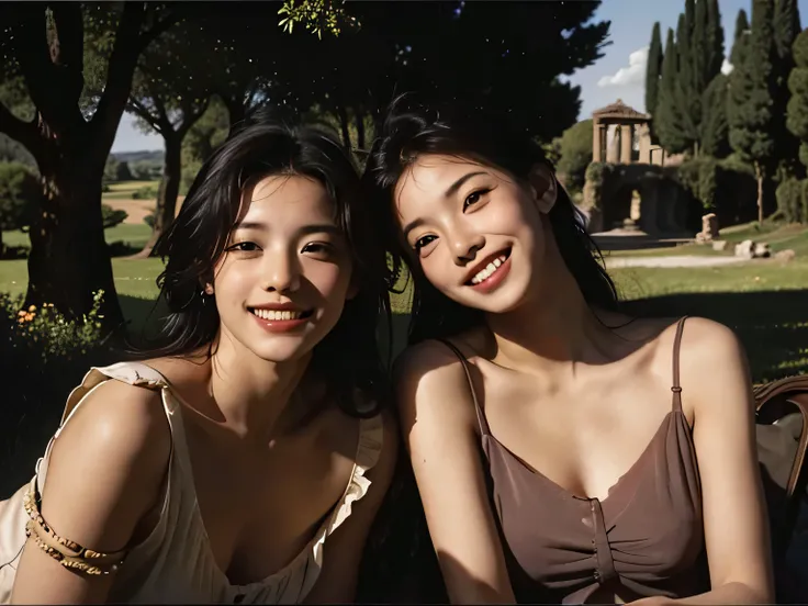 Ancient Roman landscape in the style of Nicolas Poussin、laughter、Sweet and enchanting appearance、caravaggio painting、Caravaggio&#39;s Chiaroscuro、hair blowing in the wind、two women having fun、cute smile、expression of ecstasy、sexy、erotic 