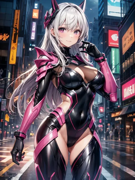 highest quality、All limbs、full finger、Slender beauty、1 female、woman wearing black and pink suit, streamlined pink armor, smooth pink armor, full body suit, cyber suit, matte pink armor, skyscrapers at night、big smile、sexy pose