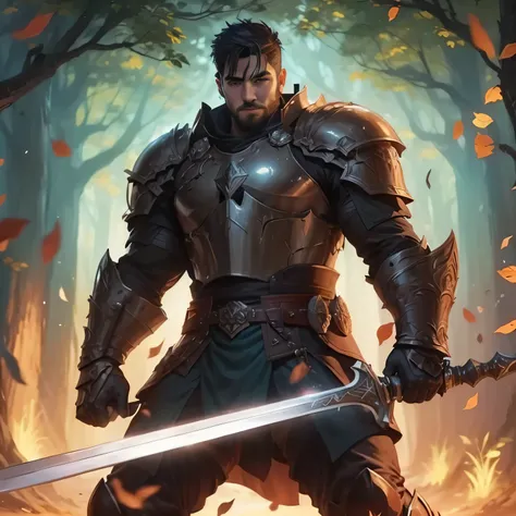 a man in armor holding a sword in a forest, a human male paladin, male paladin, arsen lupin as a paladin, fantasy paladin, strong fantasy knight, epic fantasy art style, epic fantasy style art, handsome guy in demon slayer art, legends of runeterra, warrio...