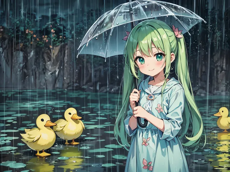 anime girl with umbrella in the rain,light blue long hair、twin tails、cute green costume、A cute yellow duck is looking at a girl、Bigger in the center、 cute smile、cute anime, splash art anime , cute anime girl, Gweiz, on a rainy day, under the rain, cute art...