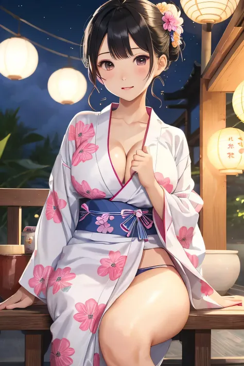 highest quality、High resolution、detailed background、beautiful and detailed face、beautiful and smooth skin、skin texture、
From the pleasure boat、night view、firework、cute10代の美少女、(huge breasts:1.2)、perfect body line、emphasize cleavage、legs open、pink floral emb...