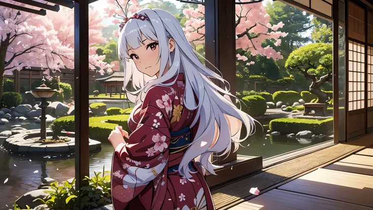 cg, unity, 8k, wallpaper, highest quality, masterpiece, lovely woman wearing a kimono, 18-year-old, long white hair, white skin,...