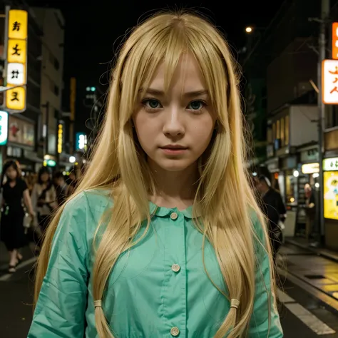 Her hair is long, blonde, her eyes are bright green, Chifuyus little sister Tokyo revengers 