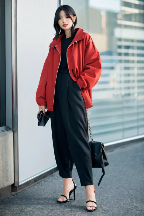 Looks great in photos, Wearing oversized pants and jackets with large inseams.、A woman who looks stylish wearing high heels。