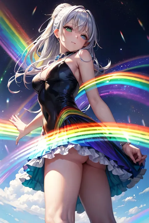 (((Rainbow-colored)))leotard、Beautiful Girl Magician、silver hair upstyle、((whole body))、(((photo taken from below)))、magic circle、background is sky