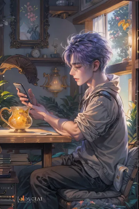 ((Best quality)), ((masterpiece)), (detailed), ((perfect face)), ((halfbody)) handsome young boy artist, purple hair, engaging in various activities within his cozy home nestled in a serene forest. Capture moments of his daily life, such as playing ps5, us...