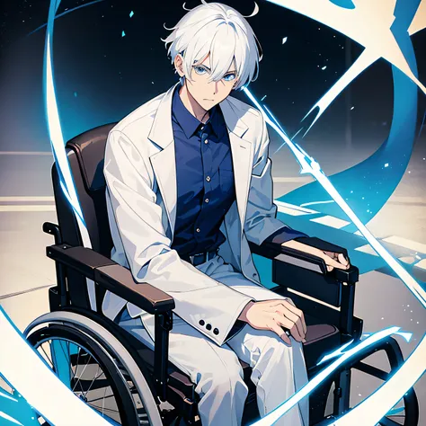 Middle aged anime guy in a wheelchair with white hair, blue eyes, serious face