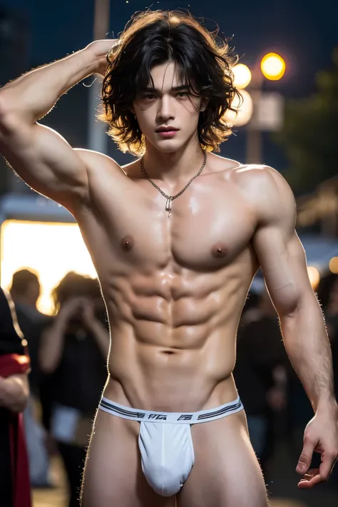 Full body, Crowded night festival, festival light, crowded people, Very dirty Stain in his thong, Very hairy armpits, Very detailed finger, dont merge body, Very young boy, teenager boy, (photorealistic, masterpiece, best quality), white pale skin, muscula...