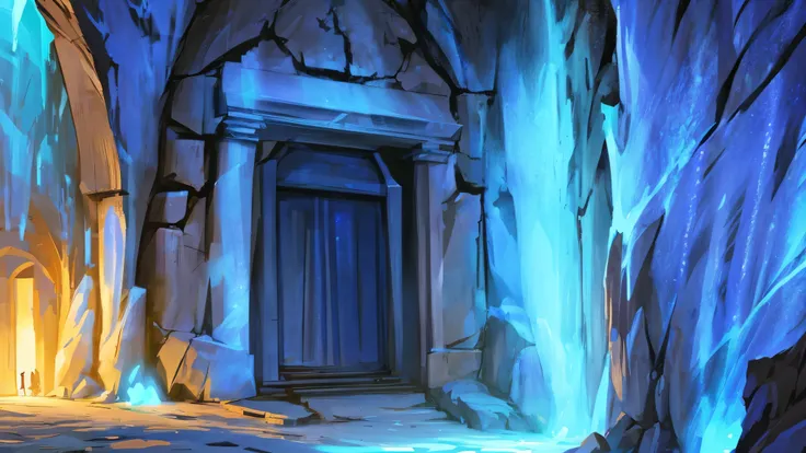 visual novel background, dimly lit cave with blue crystals, ancient double stone door, massive sealed stone door, extremely detailed, high quality