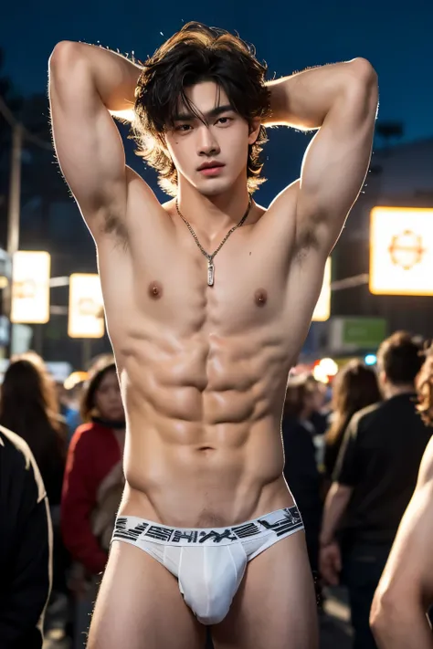 Full body, Crowded night festival, festival light, crowded people, Very dirty Stain in his thong, Very hairy armpits, Very detailed finger, dont merge body, Very young boy, teenager boy, (photorealistic, masterpiece, best quality), white pale skin, muscula...