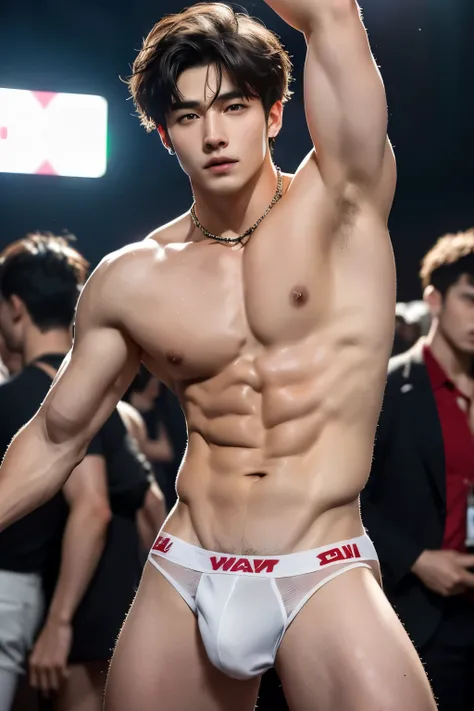 Crowded night festival, festival light, crowded people, Very dirty Stain in his thong, Very hairy armpits, Very detailed finger, dont merge body, Very young boy, teenager boy, (photorealistic, masterpiece, best quality), white pale skin, muscular man, hunk...