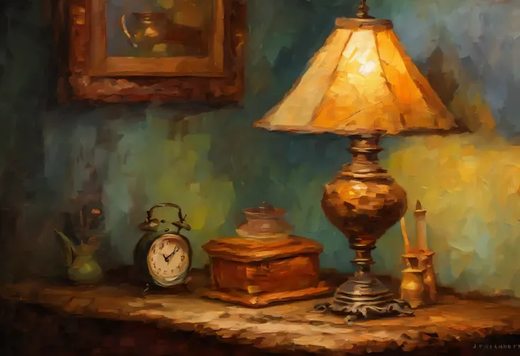 a detailed oil painting, one antique lamp with a linen lampshade on a wooden table, old clock nearby, vintage style, warm colors, soft lighting, cracked paint, impasto style, intricate details, cozy atmosphere, warm shadows, nostalgic mood