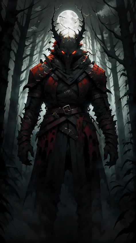 (detailed horns mask:1.2),(dark,evil) atmosphere,(mysterious,ominous,gritty) texture,1demonic character,sharp fangs,glowing red eyes,long sharp horns,pale skin,black claws,overgrown dark forest,ominous moonlight,heavy fog,spooky ambiance,bloody red color s...