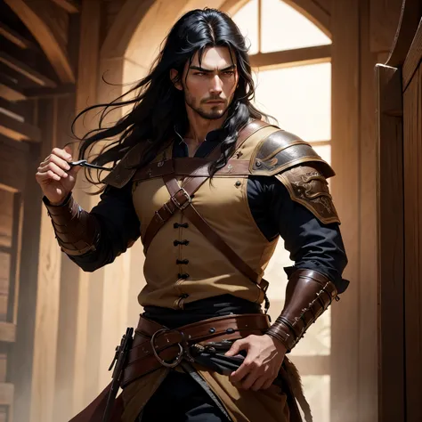 8k, masterpiece, best quality, realistic, higly detailed, cowboy shot, 1boy, solo, Keisuki Baji, tall man, long slightly wavy shoulder-length jet-black hair, two sharp canine teeth, savage demeanor, clothed, medieval, monk, 