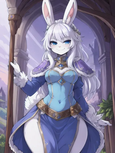 Best quality, Super detailed illustration, (fluffy bunny girl:1.4), female, 1girl feminine face and body, Adventurer Equipment, cleric, white hair, silver fur, silver skin, blue eyes ((violet clothes)), smug smile, Half-closed eyes, small waist, wide hips,...