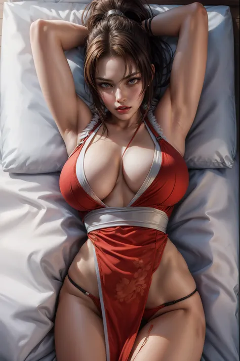 anime girl in red lingerie laying on a bed with her hands on her head, mai shiranui, tifa, seductive tifa lockhart portrait, sed...