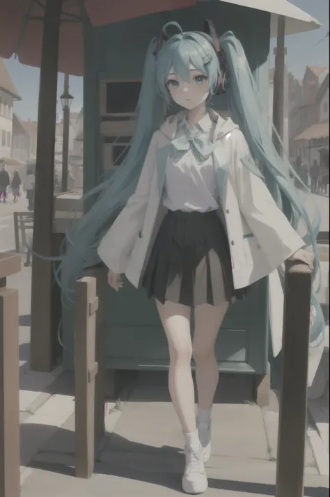 (masterpiece, best quality),  intricate details,
1girl,  miku hatsune, ahoge, aqua eyes, aqua hair, crossed bangs, hair between eyes, hair ornament, headphones, long hair, twintails,, 
 black legwear, black skirt, capelet, jacket, brown jacket, long sleeve...