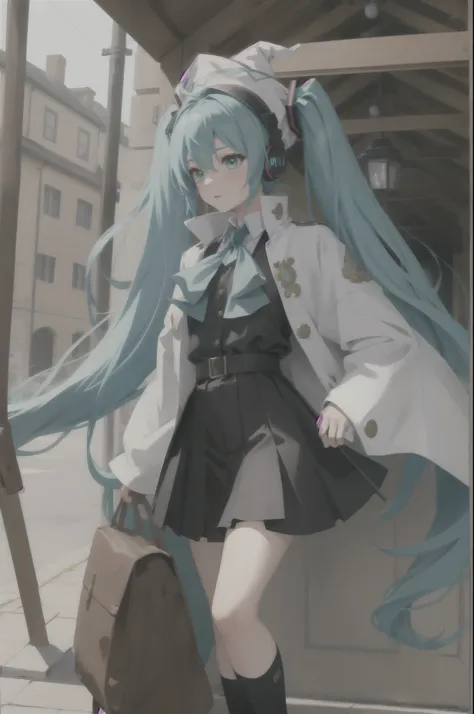 (masterpiece, best quality),  intricate details,
1girl,  miku hatsune, ahoge, aqua eyes, aqua hair, crossed bangs, hair between eyes, hair ornament, headphones, long hair, twintails,, 
 black legwear, black skirt, capelet, jacket, brown jacket, long sleeve...