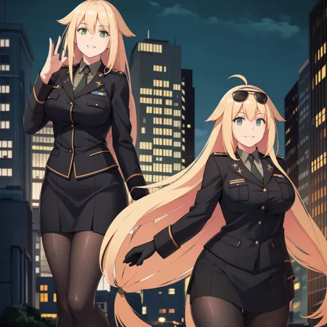 A woman wearing a black military suit, long blonde hair, green eyes, in a big city at night, smiling
