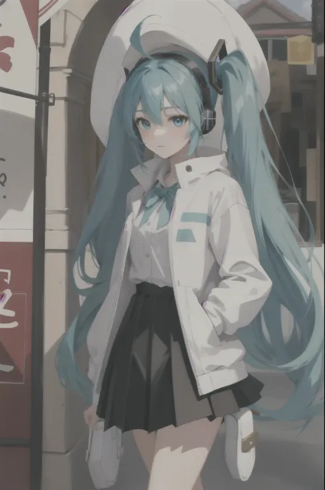 (masterpiece, best quality),  intricate details,
1girl,  miku hatsune, ahoge, aqua eyes, aqua hair, crossed bangs, hair between eyes, hair ornament, headphones, long hair, twintails,, 
 black legwear, black skirt, capelet, jacket, brown jacket, long sleeve...