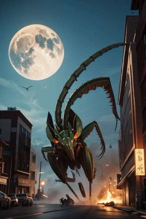 best quality, 8k, giant praying mantis monster, wielding a giant scythe, destroying the city and going on a rampage, people running around, giant creature, motion-blur, action-lines, speed-lines