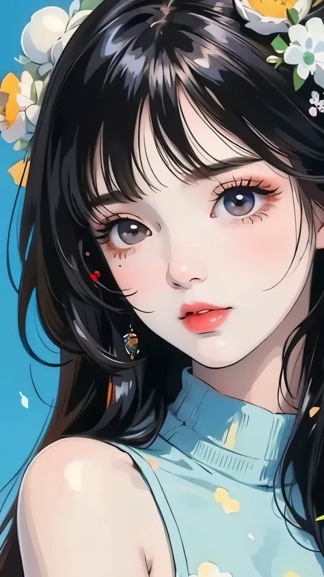 (masterpiece, best quality:1.2),illustration art,Kusama Yayois style,simple background,a beautiful girl,Skin detail processing,The eyes are very detailed,sweater,(((Speckled pattern))),green,blue,White,,black