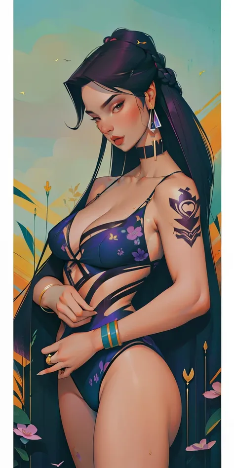 happy, comfortably, superior, Romantic, background, In chic lavender purple mint hair, Mixed languages_Short message, (美丽清晰的background:1.2),, fantastic painting ,graffiti style, highly detailed eyes , black underwear, Black suit suit，long braids, braid, lo...