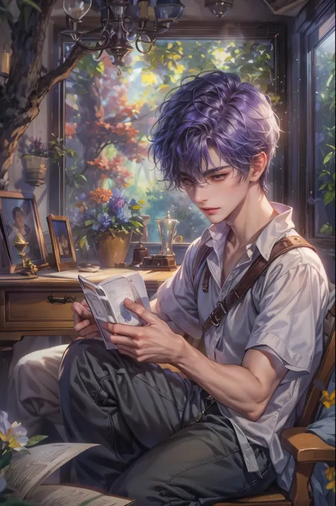 ((Best quality)), ((masterpiece)), (detailed), ((perfect face)), ((halfbody)) handsome young boy artist, purple hair, engaging in various activities within his cozy home nestled in a serene forest. Capture moments of his daily life, such as playing ps5, us...