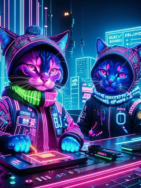 (Neon lights), circuit boards, (Anthropomorphism), (Cat in hat and scarf), wearing punk clothes, British gang members, urban style, intimidating poses, planet of cats, fashionable clothing, urban samurai, art station trends, surreal Detailed rendering, (UH...