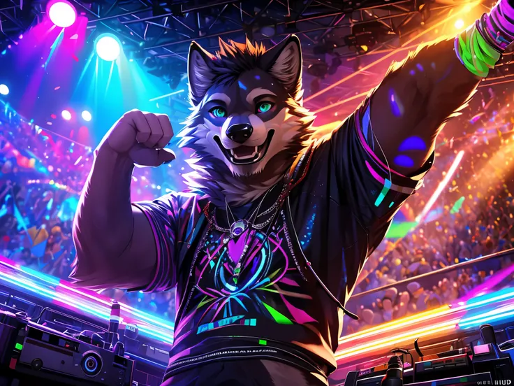 there is a man of a Wolf playing a dj at a party, on a very magnificent stage, A man facing the audience, shot Camera from top right, scene from a rave, at a rave, pov furry art, background artwork, peoples rave party, partying at a rave, commission for hi...