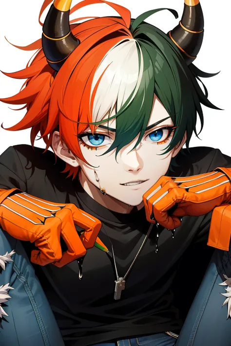 masterpiece, of the best quality, ultra-detailed depiction,
a male demon with vibrant orange and green hair,
(single: 1.3),
blue eyes, small black horn,
dripping with black sweat,
wearing jeans,
no wings,
a sweet and endearing 2D character design.