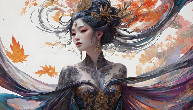 A hauntingly elegant Venusian character in an anime is depicted with striking detail: flowing transparent robes contrasted against pallid, almost translucent skin, intricate dark tattoos winding around angular features. The image is a digitally rendered pa...