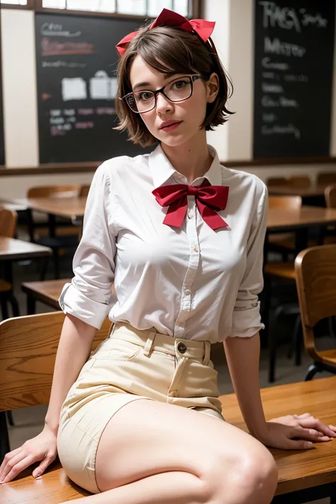 A photo of a young, nerdy woman sitting in a caf, wearing a white shirt and a bow, surrounded by a cozy atmosphere, looking at the viewer.
short hair, slender, red lips, transparent fabric, flirting with the camera