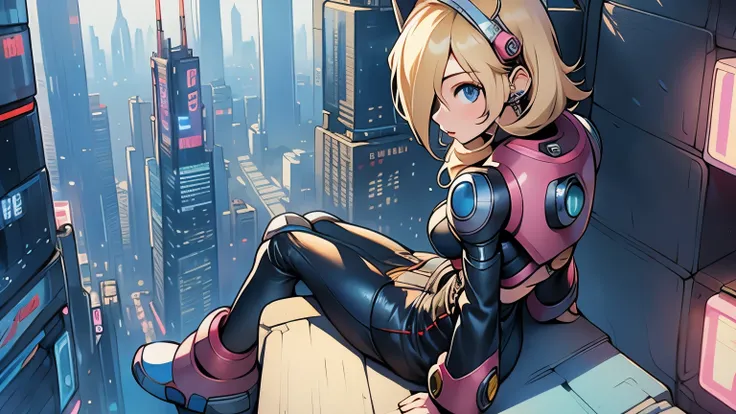 alia_megamanx sitting on the edge of the top of a building in Tokyo - cyberpunk city in the background