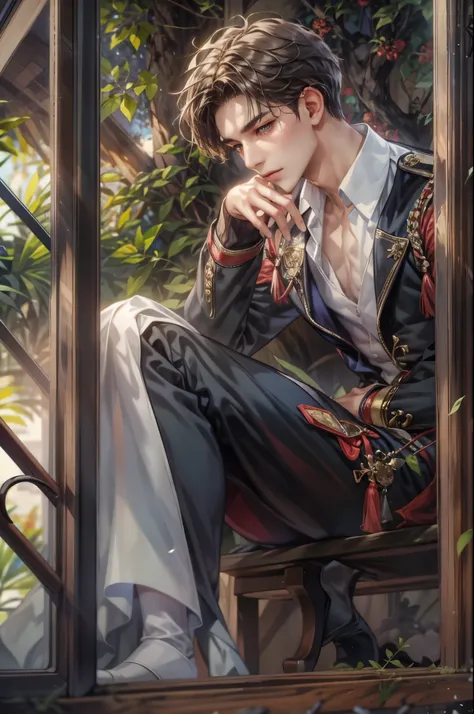 ((Best quality)), ((masterpiece)), (detailed), ((perfect face)), ((halfbody)) "Captivate the View: A Handsome Prince Reflecting on Lifes Transitions from His Comfortable Window Perch"