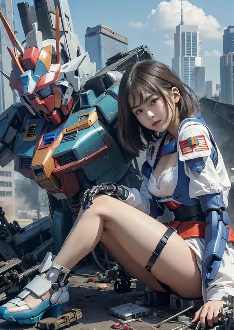 (((RAW image quality:1.4))), ((A giant mechanical woman much bigger than a skyscraper:1.4)), 14 years old, Japanese, beautiful顔, beautiful艶肌, Super detailed, advanced details, high quality, 最high quality, High resolution, 1080p, hard disk, beautiful,((gund...