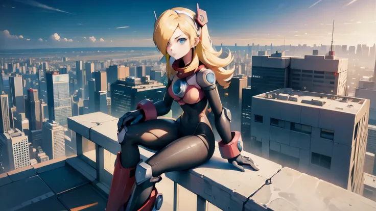 alia_megamanx sitting on the edge of the top of a building in Tokyo - cyberpunk city in the background