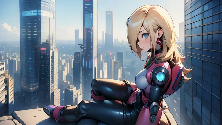 alia_megamanx sitting on the edge of the top of a building in Tokyo - cyberpunk city in the background