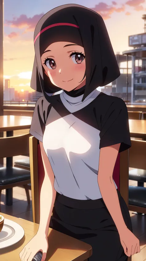 shinkai makoto, kimi no na wa., 1girl, bangs, black hair, short hair, ((wearing islamic hijab)), blush, bright eyes, brown eyes, red bow, smile, cute, beautiful, shiny skin, solo, looking at the viewer, shirt, white shirt, short sleeves, black skirt, long ...