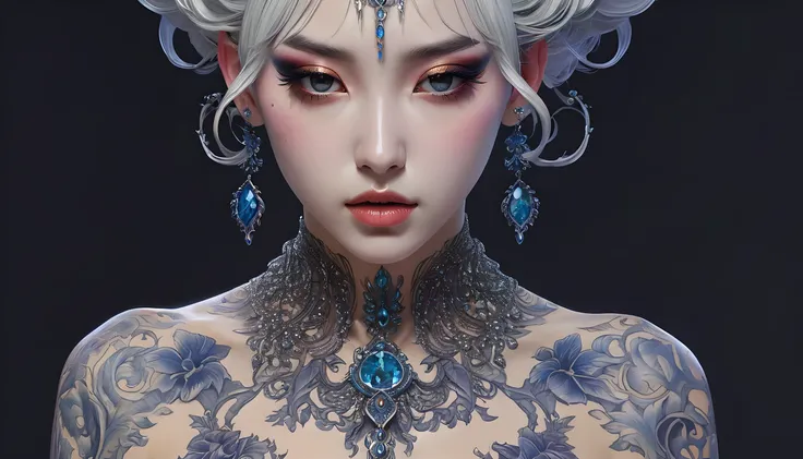 A hauntingly elegant Venusian character in an anime is depicted with striking photorealistic detail: wearing nothing, on her pallid, almost translucent skin, intricate dark tattoos winding around angular features. Out-zoom, Full frame, The image is a digit...