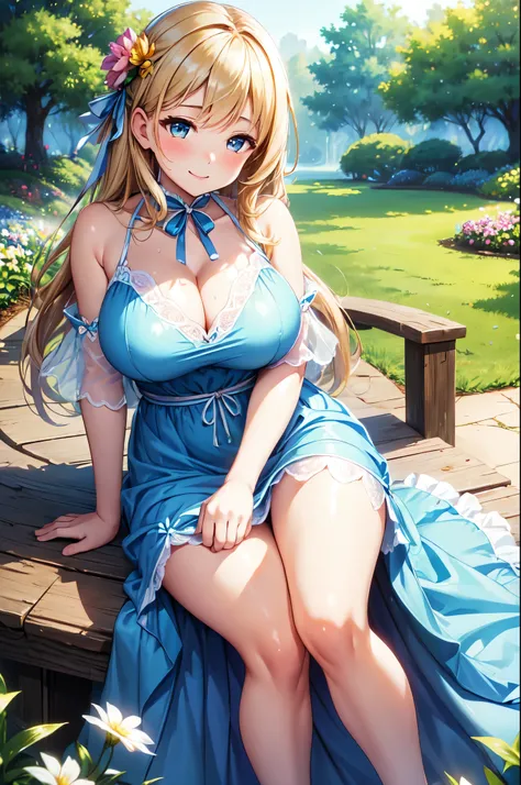 (High quality, High resolution, Fine details), BREAK (Large Ribbon Blue Dresses:1.2), BREAK soft and flowing dresses, romantic garden setting with blooming flowers, soft natural lighting, solo, curvy women, sparkling eyes, (Detailed eyes:1.2), smile, blush...